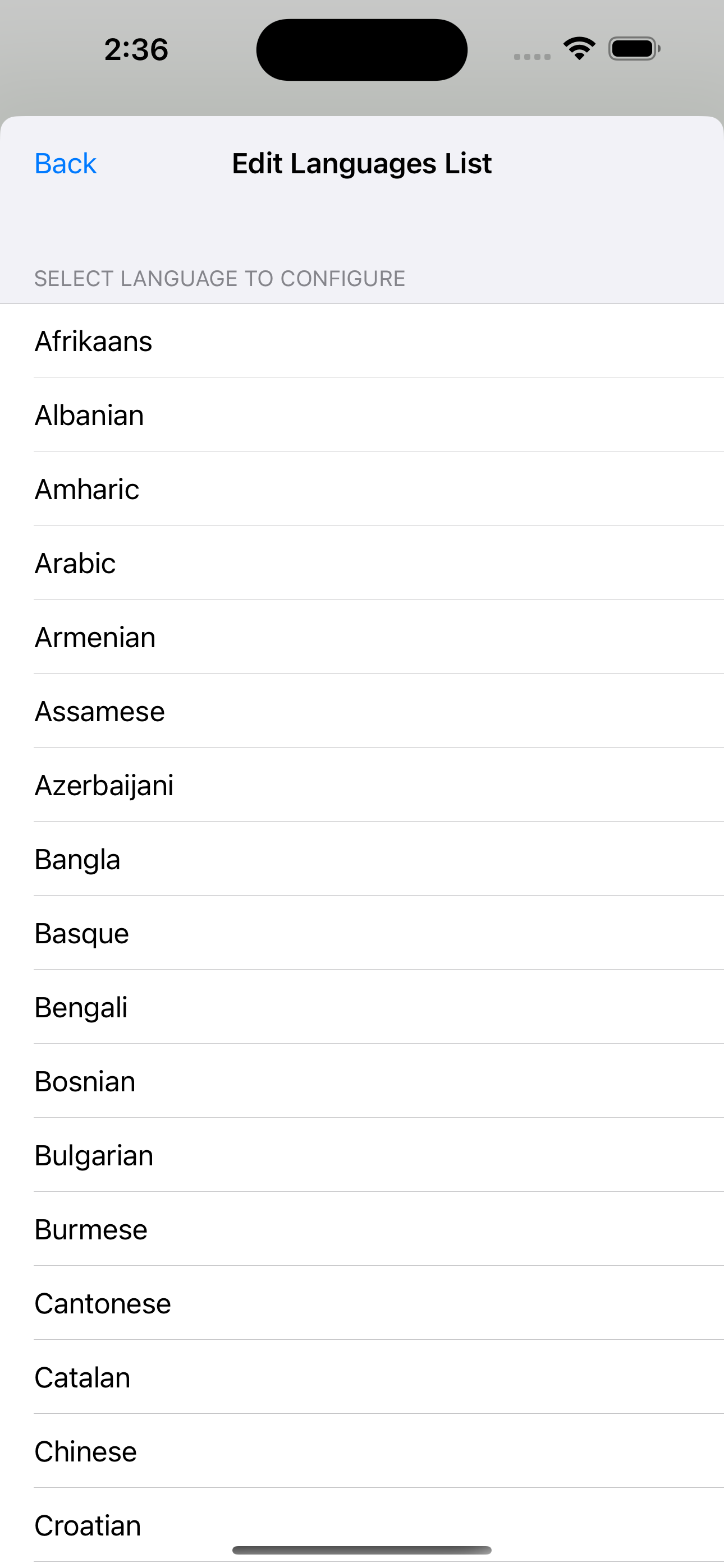 Language selection UI