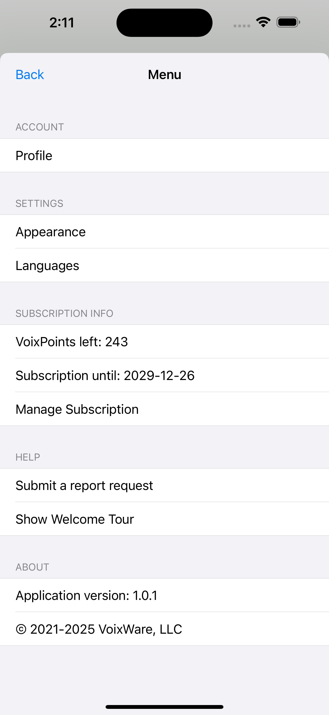 Settings view